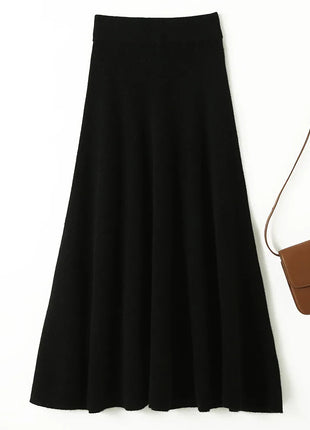 Chic New Women 100% Merino Wool Knitted A Line Skirt Solid Color Autumn Winter High Waist Preppy Style Soft Wool Midi Skirt PlatiNum