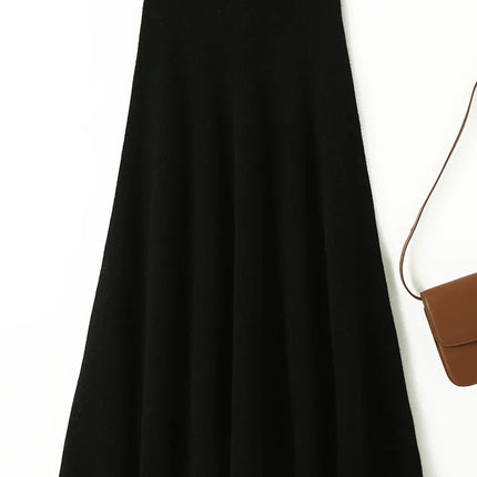 Chic New Women 100% Merino Wool Knitted A Line Skirt Solid Color Autumn Winter High Waist Preppy Style Soft Wool Midi Skirt PlatiNum
