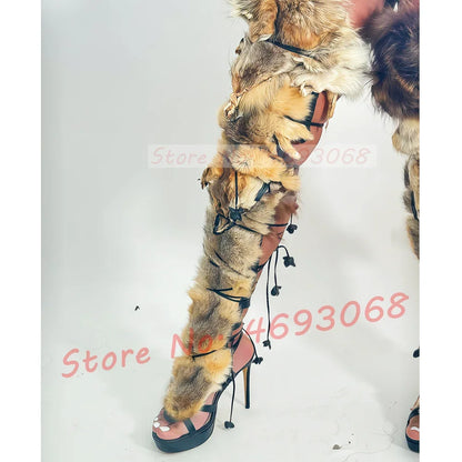 Real Fur Wrap Cross Tied Platform Sandals Women Luxury Open Toe Furry High Heels Long Shoes Ladies Sexy Colored Puttee Sandals