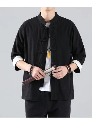 Camicie in Stile Cinese per Uomo, Top Tradizionale Tang in Lino a Mezza Manica, Camicia Kung Fu Hanfu Vintage Casual, Taglie Grandi fino a 5XL