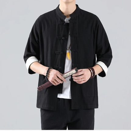 Camicie in Stile Cinese per Uomo, Top Tradizionale Tang in Lino a Mezza Manica, Camicia Kung Fu Hanfu Vintage Casual, Taglie Grandi fino a 5XL
