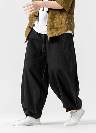 Pantaloni autunnali da uomo stile giapponese comodi pantaloni di lino in cotone maschio casual allentato retrò Harajuku pantaloni a gamba larga da uomo