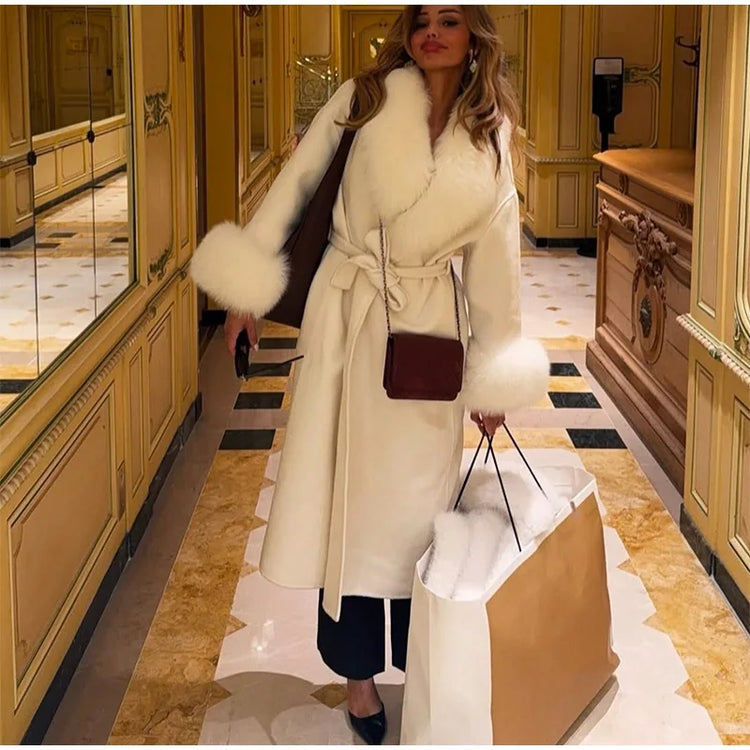 White Fur Patchwork Lace-up Overcoats Women's Street V-neck Full Sleeve Long Woolen Coat 2025 Winter New Ladies Thick Outwear