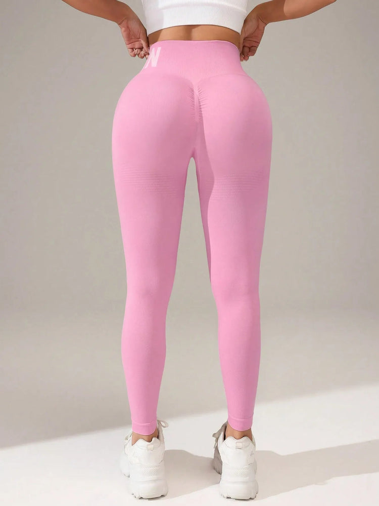 European and American Seamless Yoga Leggings with Waistband Lettering, Butt-Lifting, Quick-Dry Women's Breathable Tights for Pea PlatiNum