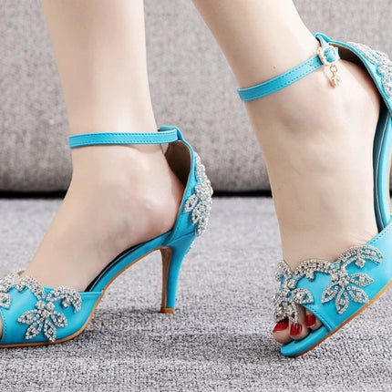 Sandalias de mujer de calidad femenina con diamantes de imitación de PU, tacón delgado de 7 cm, correa de hebilla, zapatos de vestir de estilo coreano para mujer, azul cielo maduro