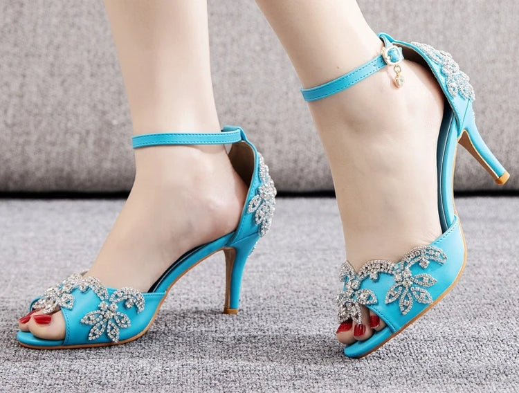 Sandali da donna di qualità femminile strass PU 7CM tacchi sottili cinturino con fibbia scarpe da donna in stile coreano vestito blu cielo maturo