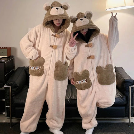 Winter Pajamas Cartoon Bear Costume Pijama Kawaii Adult Couples Kigurumis Sleepwear Jumpsuits Coral Fleece Loose Warm Homewear
