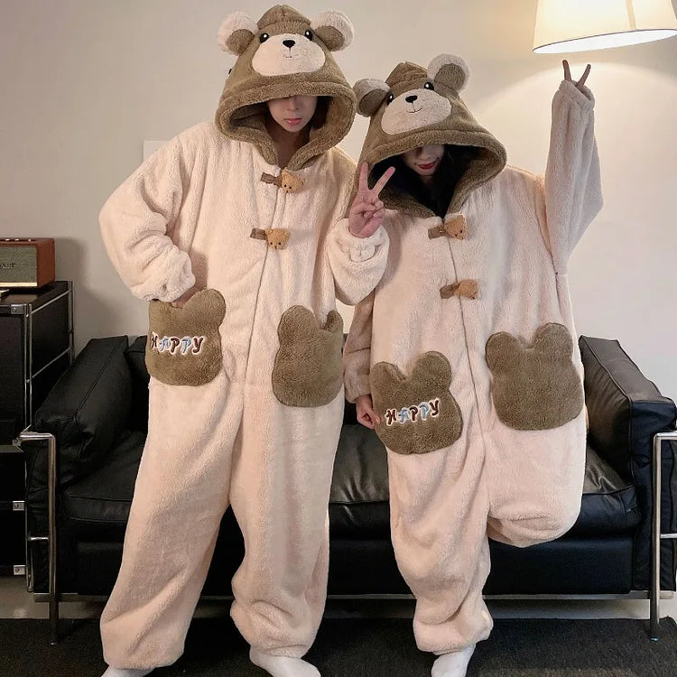 Winter Pajamas Cartoon Bear Costume Pijama Kawaii Adult Couples Kigurumis Sleepwear Jumpsuits Coral Fleece Loose Warm Homewear
