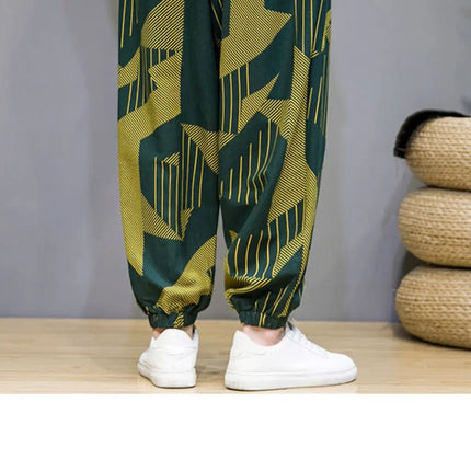 Pantaloni Primavera-Estate da Uomo in Stile Cinese, Sottili e Traspiranti in Cotone e Lino, con Vita Elastica, Pantaloni Harem Stampati Casual e Comodi