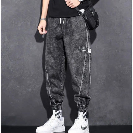 Loose Elastic Waist Denim Jeans for Men 2024 Fashion Casual Spring Workwear Foot-Tied Pants with Brand Workwear Baggy Trousers PlatiNum