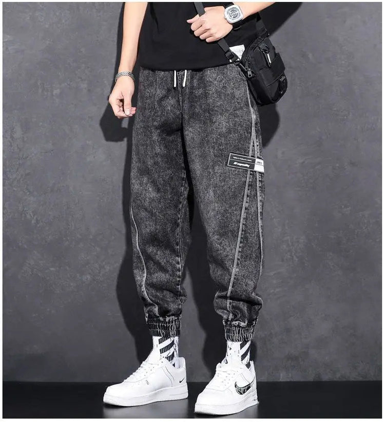 Loose Elastic Waist Denim Jeans for Men 2024 Fashion Casual Spring Workwear Foot-Tied Pants with Brand Workwear Baggy Trousers PlatiNum