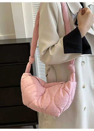 Puffer Shoulder Bag for Women Soft Down Cotton Padded Tote Handbag Purse Quilted Cross Body Bag Solid Color Bubbles Cloud Bag PlatiNum