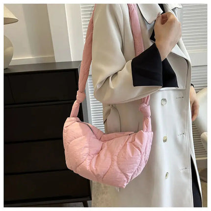 Puffer Shoulder Bag for Women Soft Down Cotton Padded Tote Handbag Purse Quilted Cross Body Bag Solid Color Bubbles Cloud Bag PlatiNum