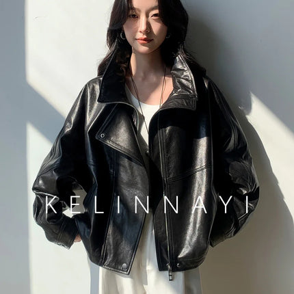 Waxed Sheepskin Genuine Leather Moto Biker Jacket Women Cropped Stand Collar Zip Up Snap Button Loose Casual Autumn Outwear 2026
