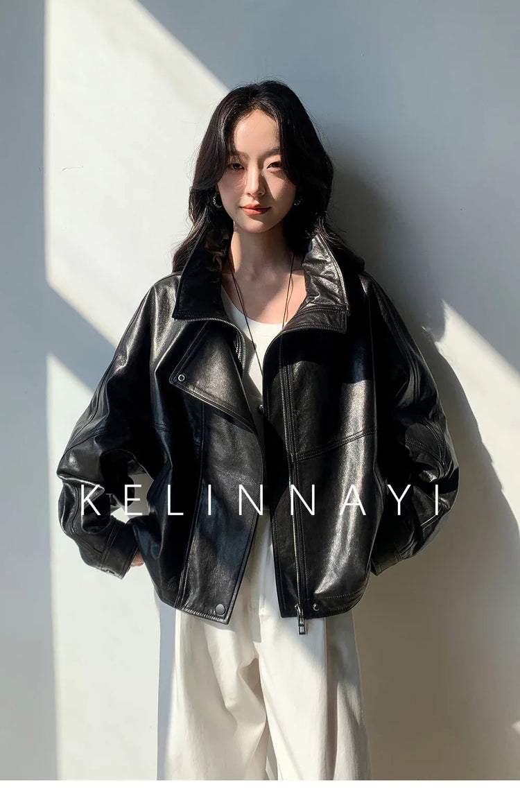 Waxed Sheepskin Genuine Leather Moto Biker Jacket Women Cropped Stand Collar Zip Up Snap Button Loose Casual Autumn Outwear 2026