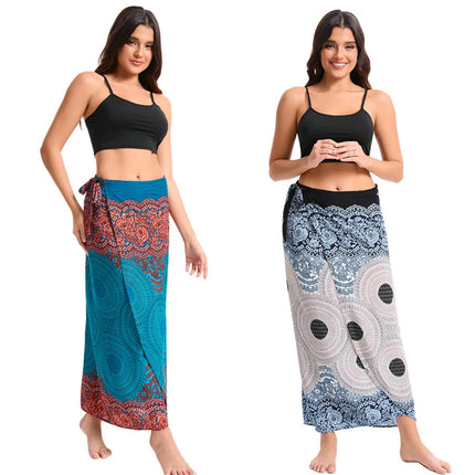 Abito da donna Boho Maxi Wrap Gonna lunga con allacciatura Abito da spiaggia Copricostume Abito vintage bohémien regolabile a vita alta in rayon platinumshop