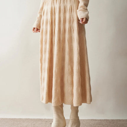 Women Cashmere Skirt A-Line Jacquard Elastic Waist Flared Skirt Autumn Winter 100% Cashmere Knitted Office Lady Curled Hem Dress PlatiNum