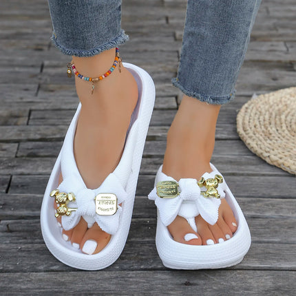 Infradito da donna multicolori estivi Sandali con fiocco in orsacchiotto metallico alla moda Sandali da spiaggia per le vacanze a casa Calzature versatili