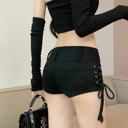 Korean Low Rise Denim Shorts 2024 - Riveted Lace Up Bodycon Black Hot Pants Vintage Cheeky Booty Summer TikTok Y2K Outfit PlatiNum