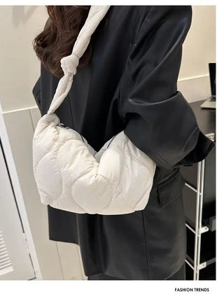 Puffer Shoulder Bag for Women Soft Down Cotton Padded Tote Handbag Purse Quilted Cross Body Bag Solid Color Bubbles Cloud Bag PlatiNum