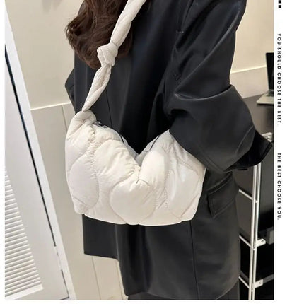 Puffer Shoulder Bag for Women Soft Down Cotton Padded Tote Handbag Purse Quilted Cross Body Bag Solid Color Bubbles Cloud Bag PlatiNum