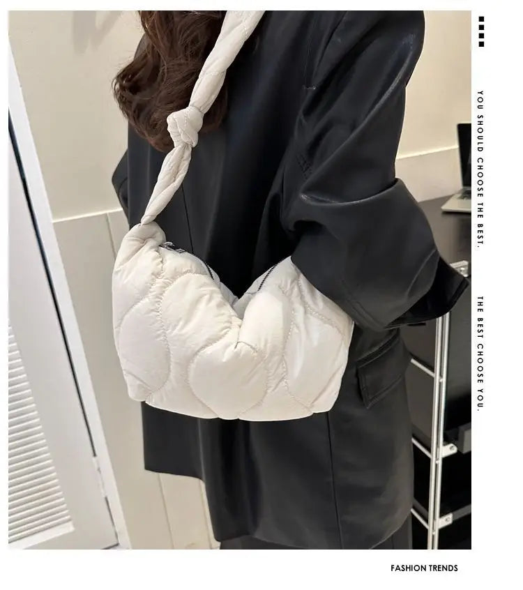 Puffer Shoulder Bag for Women Soft Down Cotton Padded Tote Handbag Purse Quilted Cross Body Bag Solid Color Bubbles Cloud Bag PlatiNum