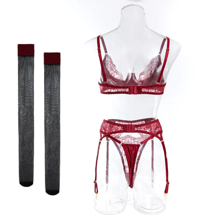 Sexy Wine Red Lace Trim Underwire Bra Lingerie Set Cut Out Garter Belt Matching Thong Intimate Sheer Nightwear Apparel Women