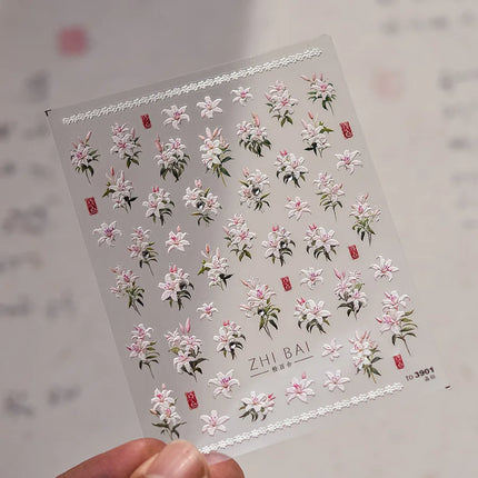 5D Kawaii Lily Nail Art Stickers 1pcs Japanese Pink White Flower With Diamond Self Adhesive Nail Decorations Slider Decals DIY