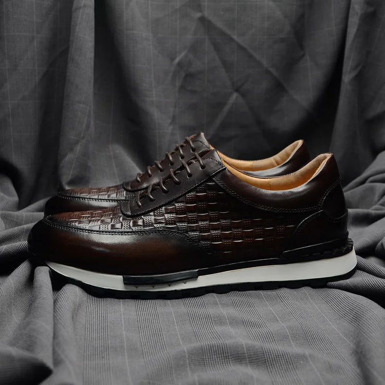 Luxury Autumn Winter Men's Leather Oxford Shoes Plaid Pattern Natural Genuine Leather Lace-up Sneakers Business Casual Shoes