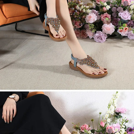 New 2026 Women's Summer Bohemian Style Sandals, Flip-Flop Design with Beaded and Rhinestone Buckle, Elastic Heel Strap, Comfortable Everyday Shoes