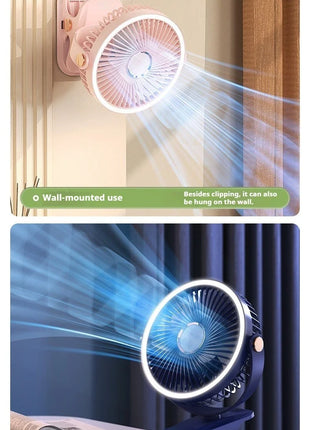 Ventilatore Portatile con Clip e Luci LED, 3 Velocità Regolabili, Silenzioso, da Scrivania, per Casa, Camera da Letto e Campeggio