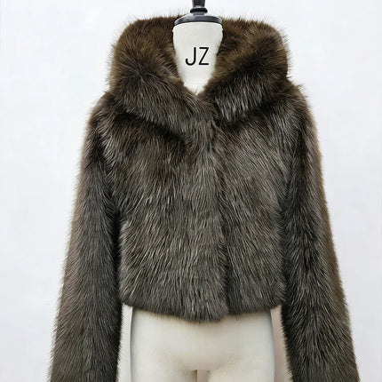 BKQU Winter Pink Imitation Fur Coat Elegant Big Fur Trim Hood Women's Jacket Warm Plush Cropped Sweet Lady Faux Fur Coat  2026
