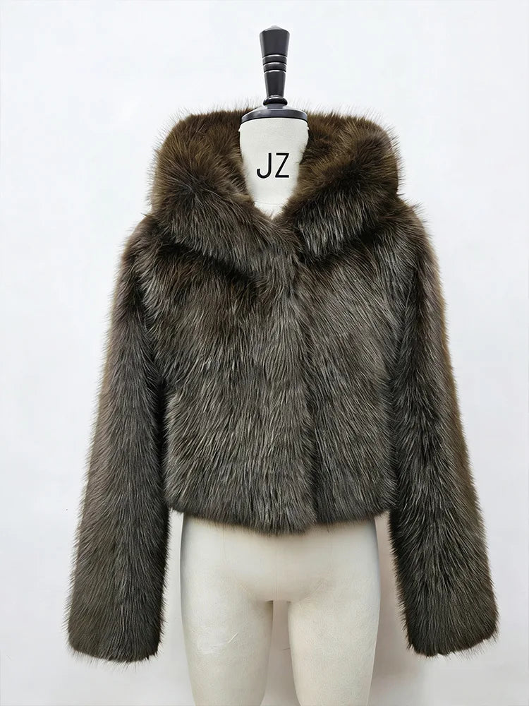 BKQU Winter Pink Imitation Fur Coat Elegant Big Fur Trim Hood Women's Jacket Warm Plush Cropped Sweet Lady Faux Fur Coat  2026