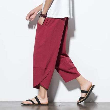 Pantaloni Estivi da Uomo 2026 Stile Cinese in Cotone e Lino, Pantaloni Harem Traspiranti da Spiaggia, Pantaloni Casual a Tre Quarti, Streetwear