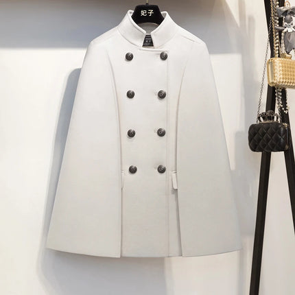 French Elegant Retro Hepburn Style Stand Collar Double-breasted Loose Temperament Commuter Woolen Jacket Cape Cloak Women Autumn