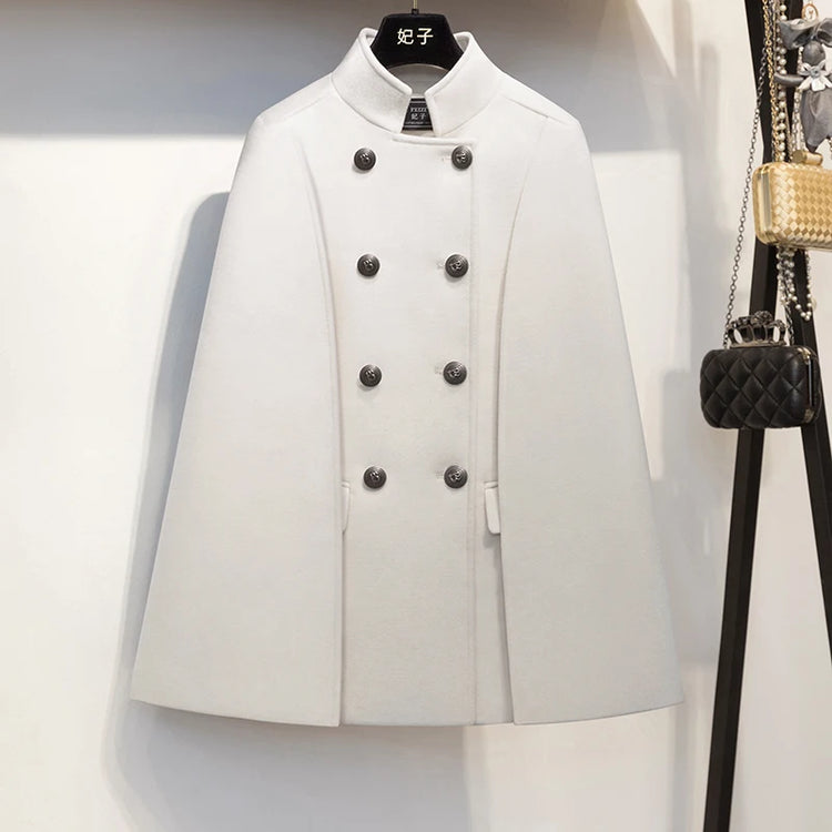 French Elegant Retro Hepburn Style Stand Collar Double-breasted Loose Temperament Commuter Woolen Jacket Cape Cloak Women Autumn