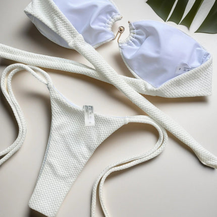 Nuovo Costume da Bagno Bikini Donna a Due Pezzi con Fascia Arricciata, Anello in Metallo e Perizoma platinumshop