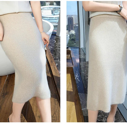 100% Mink Cashmere Half Skirt Women Mid-Long Elastic High Waisted A-line Skirt Loose Knit Hip Skirt Autumn Straight Tube Skirts PlatiNum