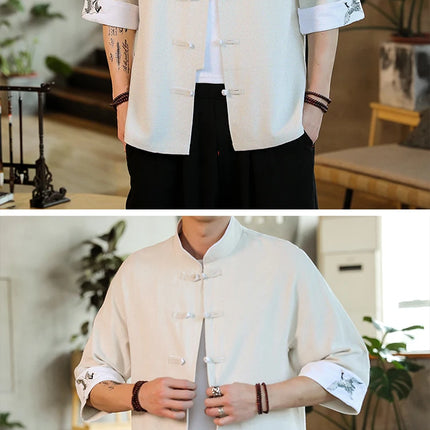 Nuovo gru ricamo top abbigliamento tradizionale cinese per uomo camicie vintage in lino a mezza manica colletto Madarin solido Hanfu Kungfu