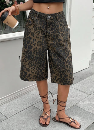 Pantaloncini Bermuda in Denim Vintage con Stampa Leopardata da Donna, a Vita Alta, Gamba Larga, Casual Estivi, Streetwear, Moda Quotidiana