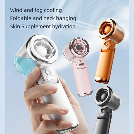 Mini Ventilatore Portatile con Nebulizzatore d'Acqua, 3600mAh, 5 Velocità, Pieghevole, da Appendere al Collo, Umidificatore, Ventilatore Spray Compatto, Ricaricabile USB-C