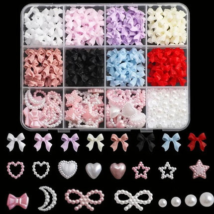 1 Box Pink White Series Bow Heart Nail Charms 3D Arcylic Nail Art Decorations Pearl 5-petal Flower Jewelry Manicure Accessories*