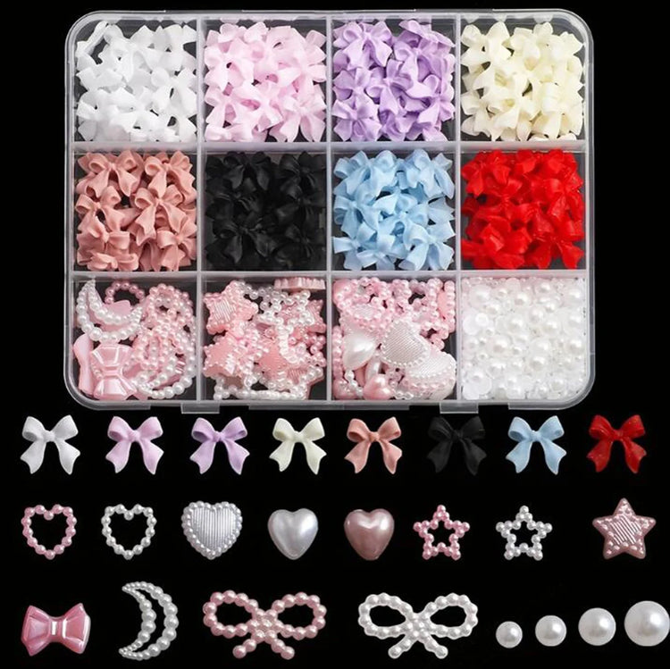 1 Box Pink White Series Bow Heart Nail Charms 3D Arcylic Nail Art Decorations Pearl 5-petal Flower Jewelry Manicure Accessories*