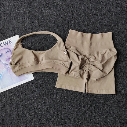 2PCs Peach High Waist Belly Hip Lifting Sports Bras Shorts Suit Gathering Shock-proof Neck Halter Yoga Suit Running Fitness Set