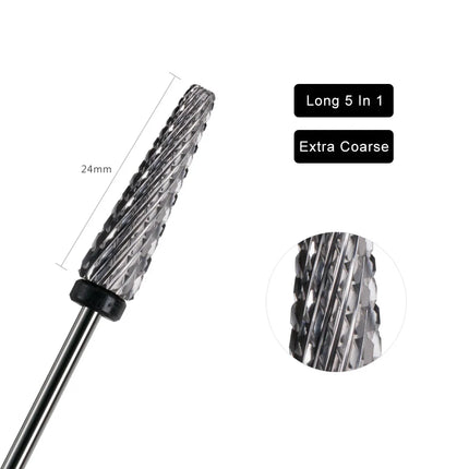 HYTOOS 24mm Super Long 5 in 1 Nail Drill Bits Two-Way Cross Manicure Carbide Burr Electric Grinding Accessories