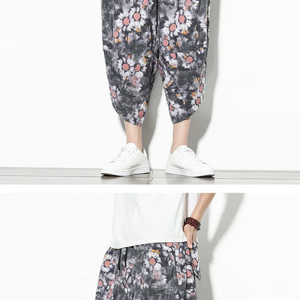 Pantaloncini Estivi Harajuku Larghi Stampati Traspiranti Casual a Lunghezza Polpaccio in Cotone Oversize da Uomo
