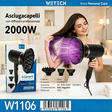 2000W Ionic Hair Blow Dryer With Professional Diffuser & Concentrator Nozzles Quick Dry Hair Care Styling Tool for Home Salon