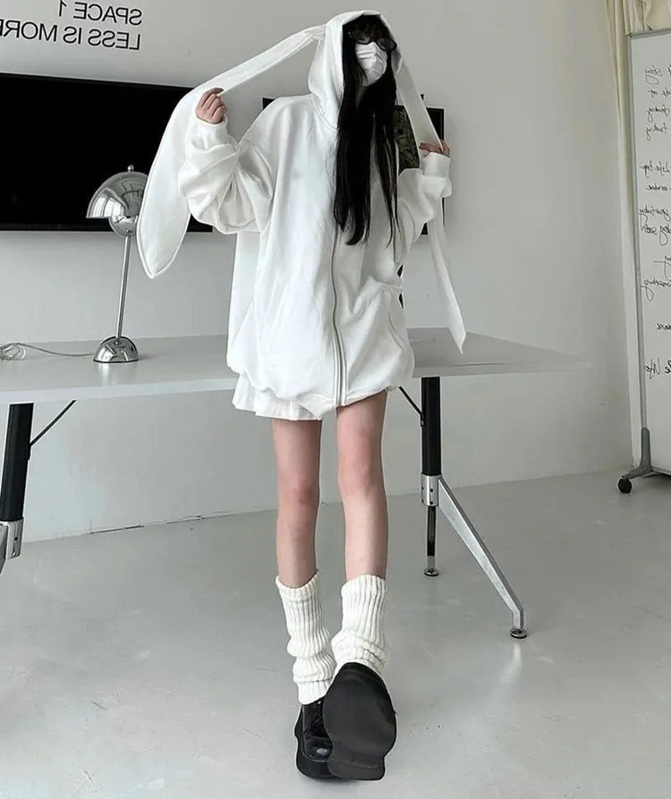 2026 Autumn Kawaii Bunny Big Extra Ears Hoodie Long Sleeve Hooded Sweatshirt Y2K Style Fashion Rabbit Oversized Zip-up Hoodies