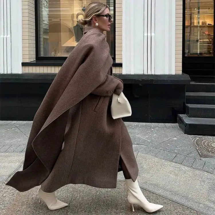 Elegant Big Scarf Collar Women's Coat Fashion Double Breasted Pockets Overcoats 2026 Autumn New High Street Oversize Outerwears