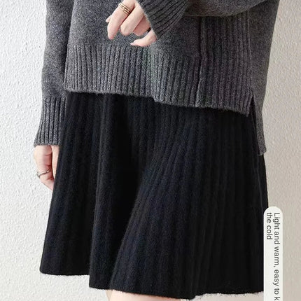 100% Merino Wool Mini Skirt Korean Women's AutumnWinter Fashionable Solid Color Elastic Waist Knitted Pleated Skirt PlatiNum